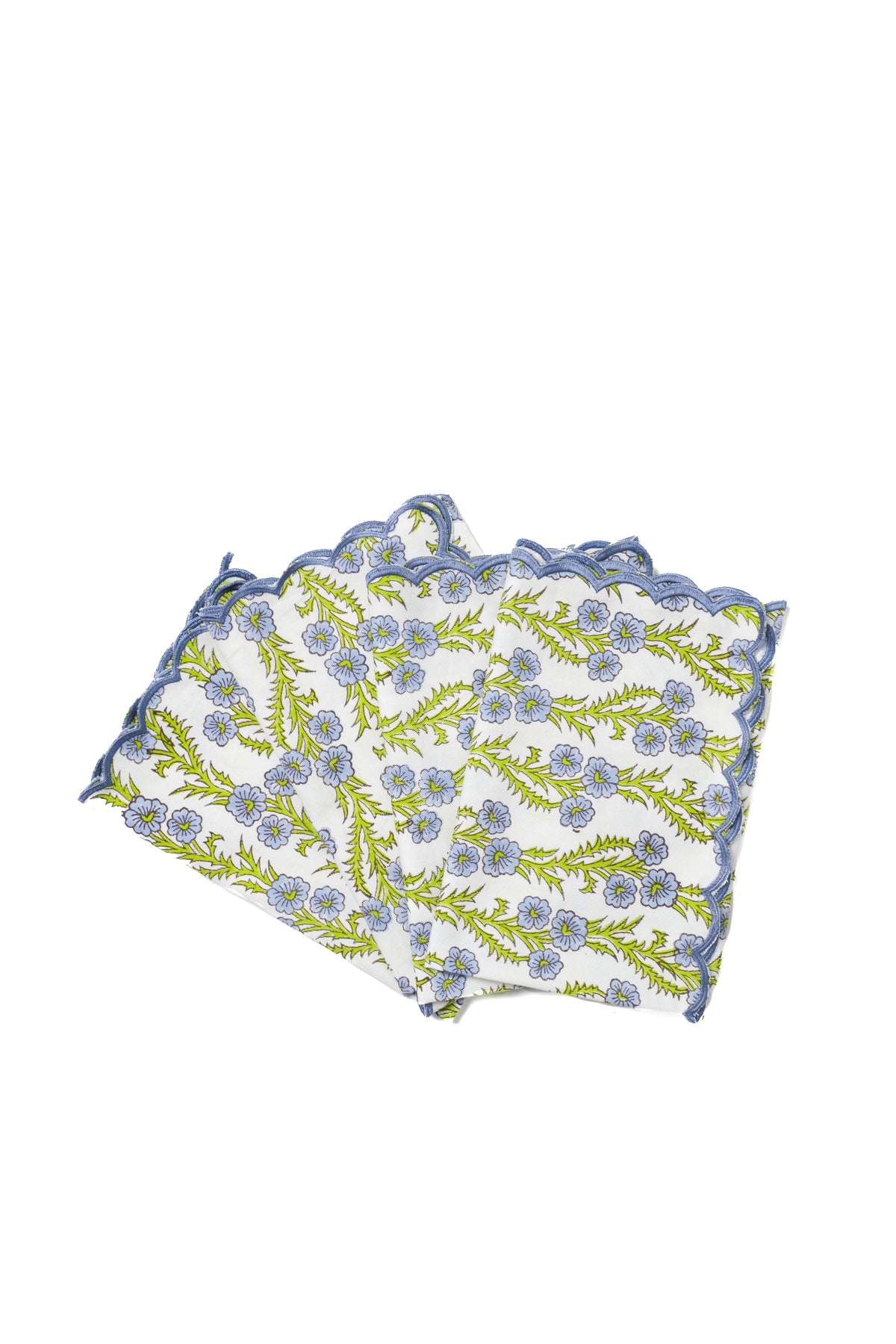 Forget-Me-Not Scallop Embroidered Blockprint Napkins, Set of 4