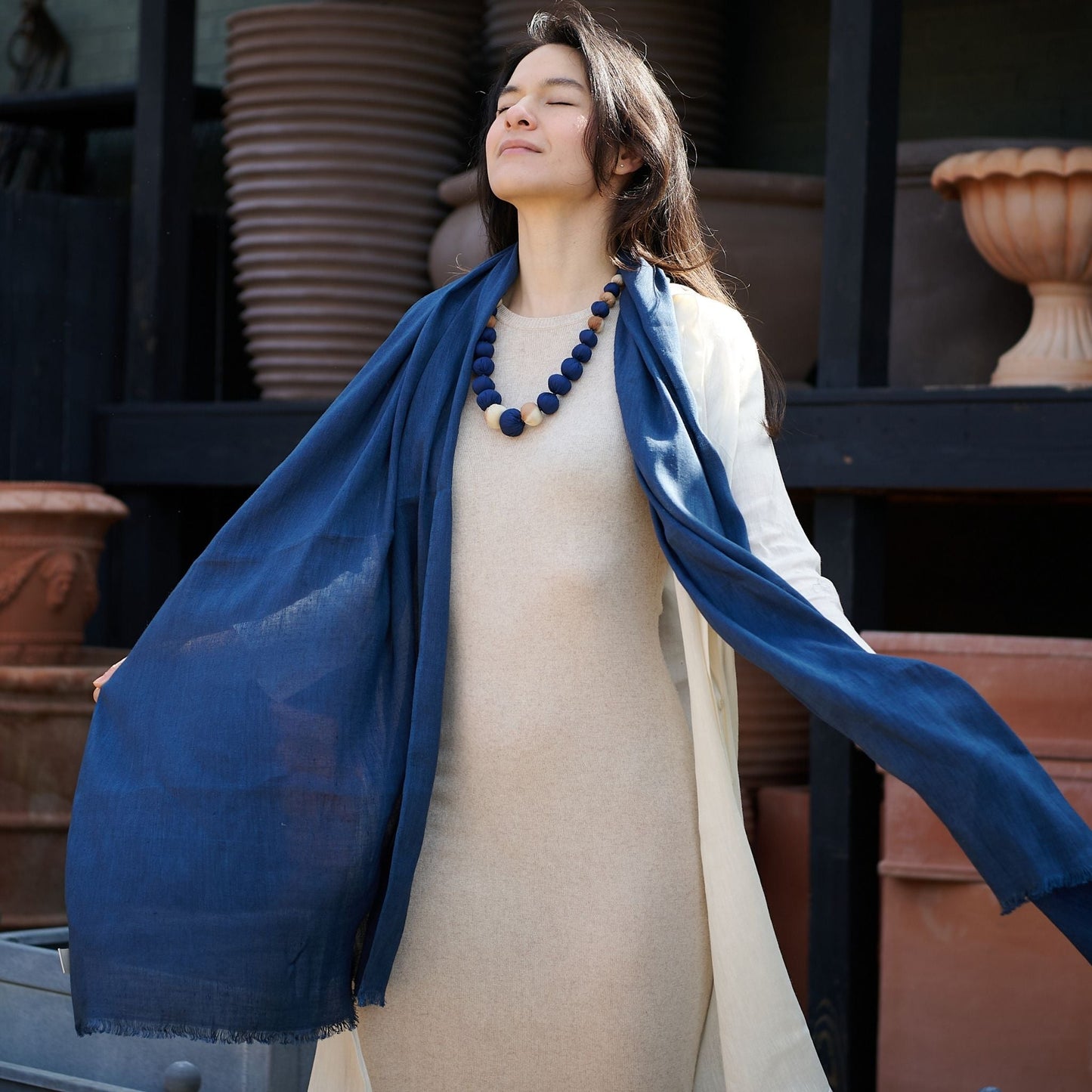Midnight Navy Blue Hand Woven Linen Silk Blend Scarf