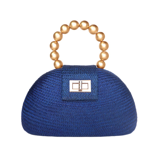 THE ORLA Navy Blue Woven Straw & Gold Bead Statement Clutch Bag