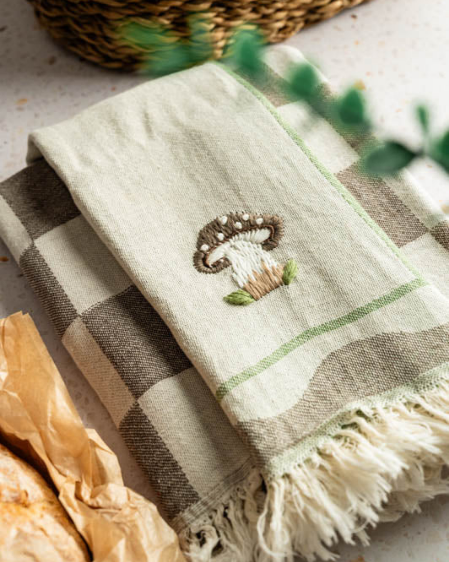 Mushroom Hand-Stitched Tea Towel Set