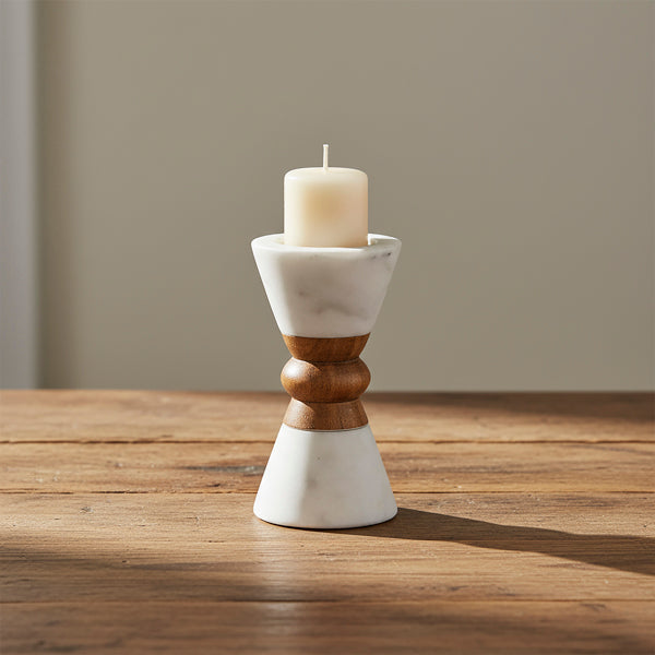 Heirloom Marble & Acacia Candleholder – White