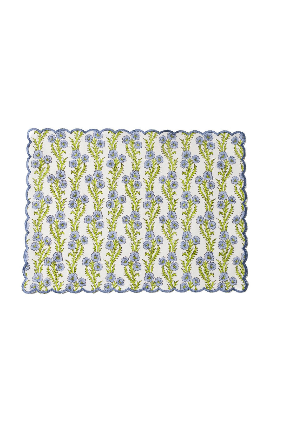 Forget-Me-Not Scallop Embroidered Blockprint Placemat, Set of 2