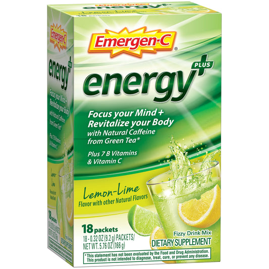 Emergen-C Energy+ (18 Count, Lemon-Lime Flavor) Dietary Supplement Drink Mix With Caffeine, 0.32 Ounce Packets