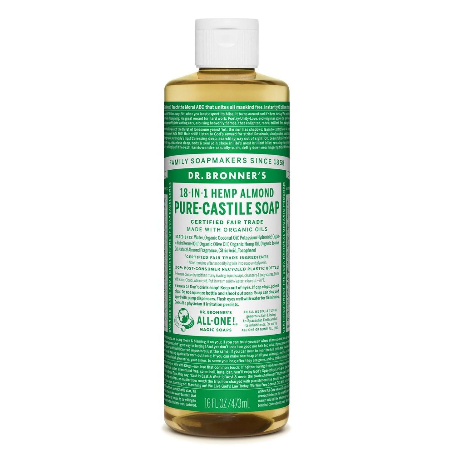 Dr. Bronner's Pure Castile Liquid Soap Almond -- 16 Fl Oz