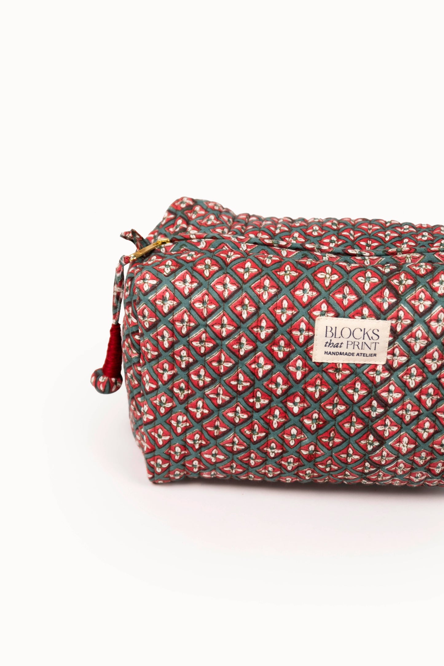 Large Block Print Quilted Travel Pouch - Holiday Crimson