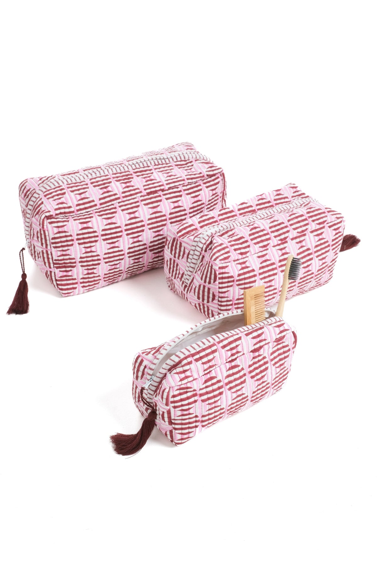 Striped Circles Blockprint Makeup Bag in Burgundy and Pink
