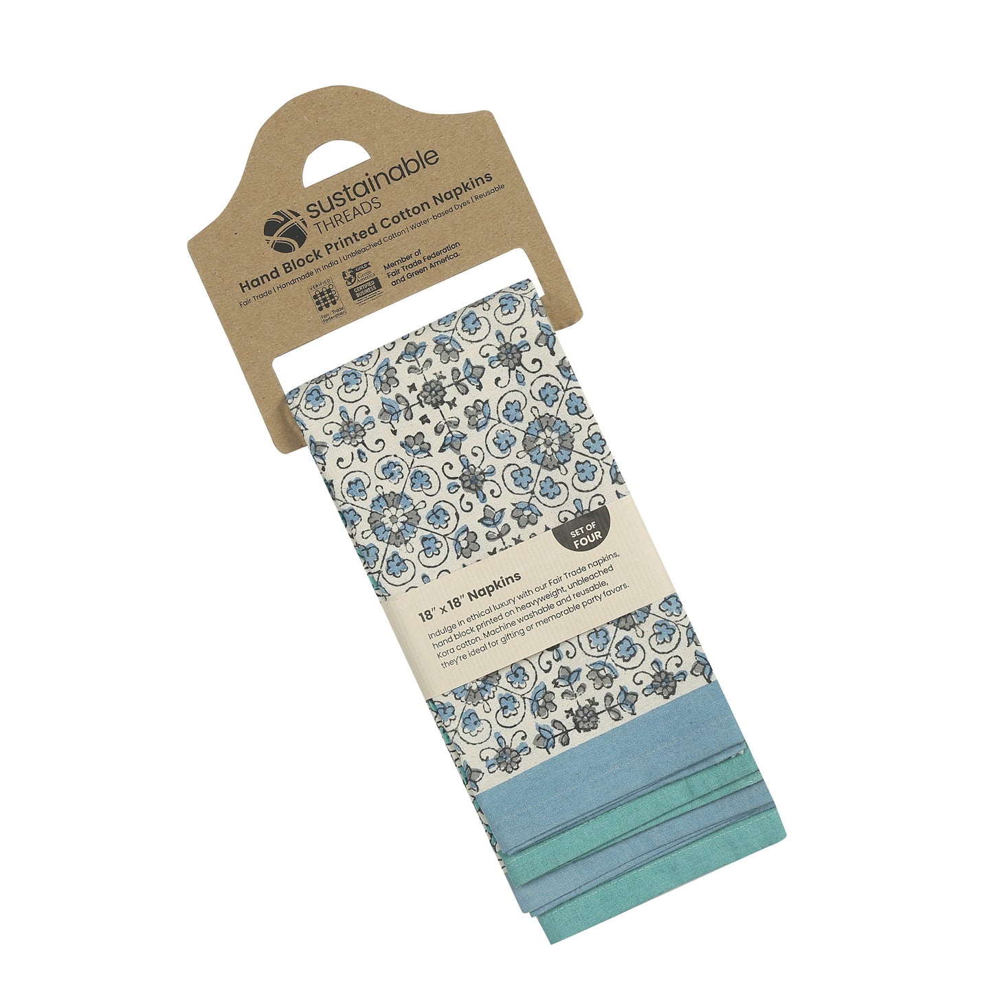 Hand Block Printed Cotton Napkins, Set of 4 | 18″ × 18″ | Fair Trade | Lily