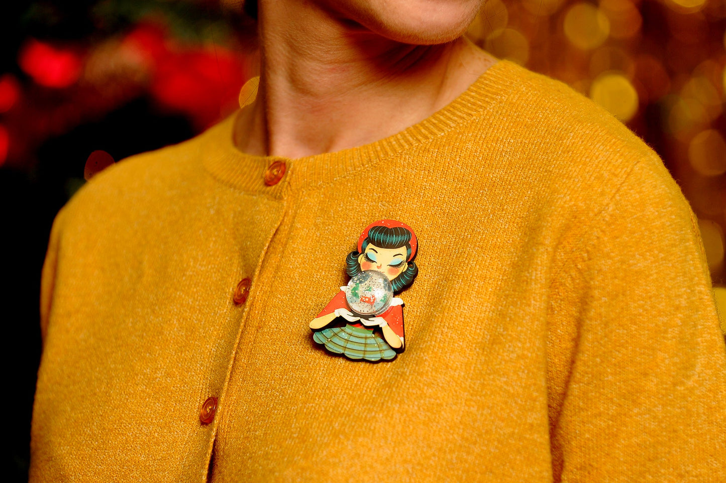 Girl with Snowman Snow Globe Brooch by Laliblue