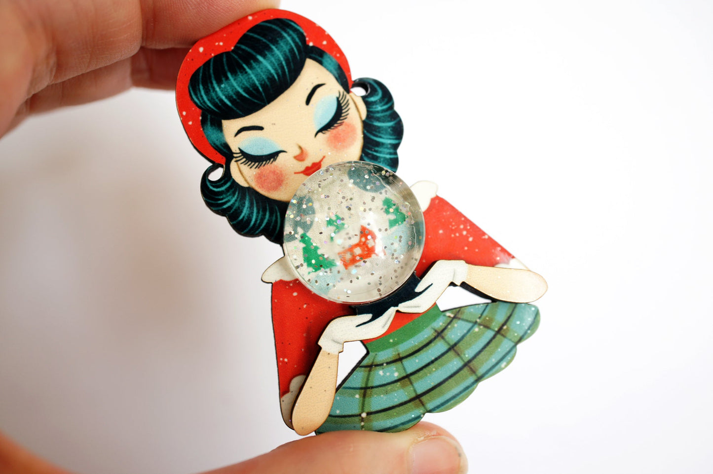 Girl with Snowman Snow Globe Brooch by Laliblue