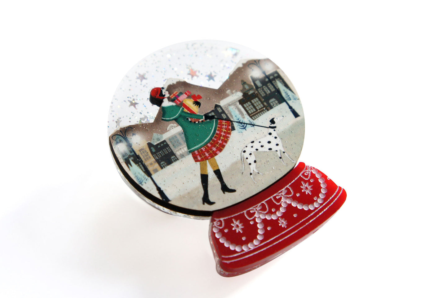 Christmas Shopping Snow Globe Brooch by Laliblue
