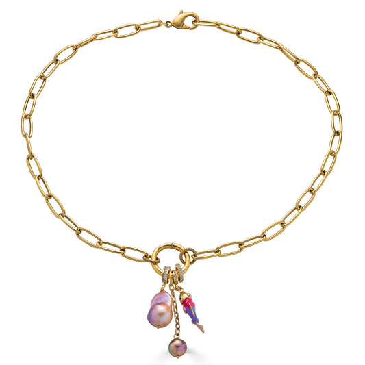 Peach Baroque Pearl Charm Cluster Necklace