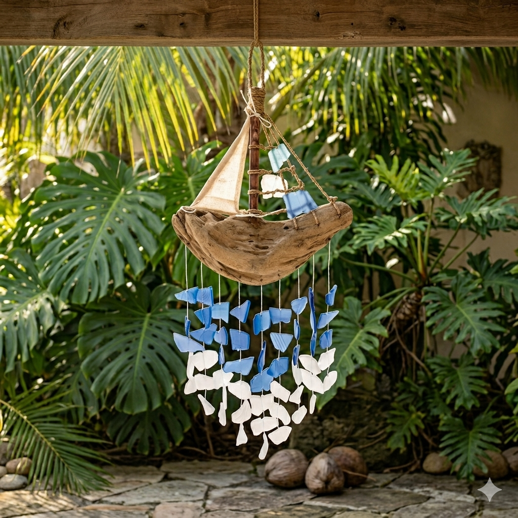 Glass Driftwood Boat Chime - 18 inches