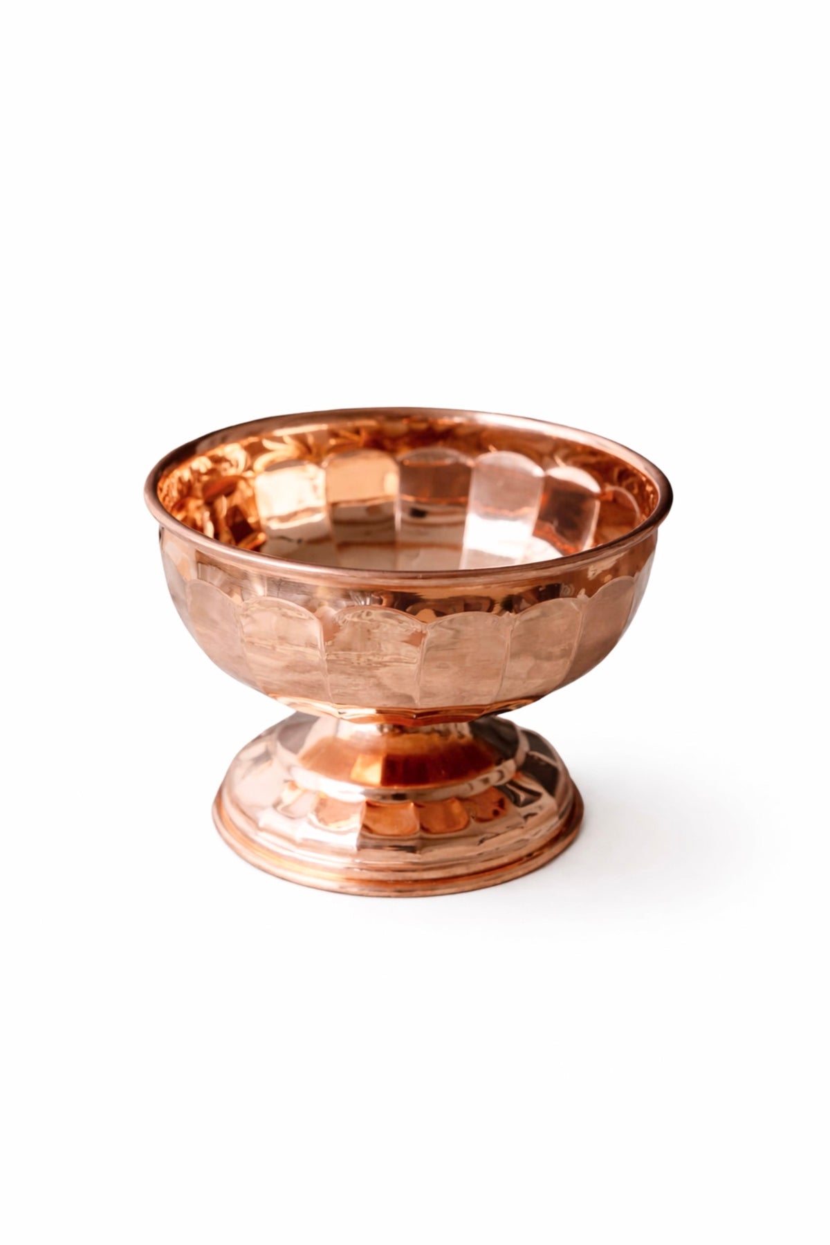 Vintage Inspired Copper Pedestal Bowls with Scalloped Panel Design – Set of 2