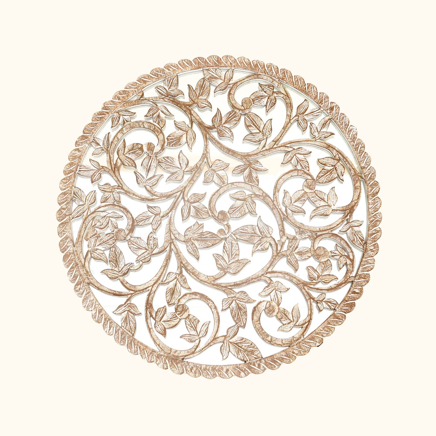 Wall Art | Round Wood Handcarved Wall Panel with Mirror, 36"