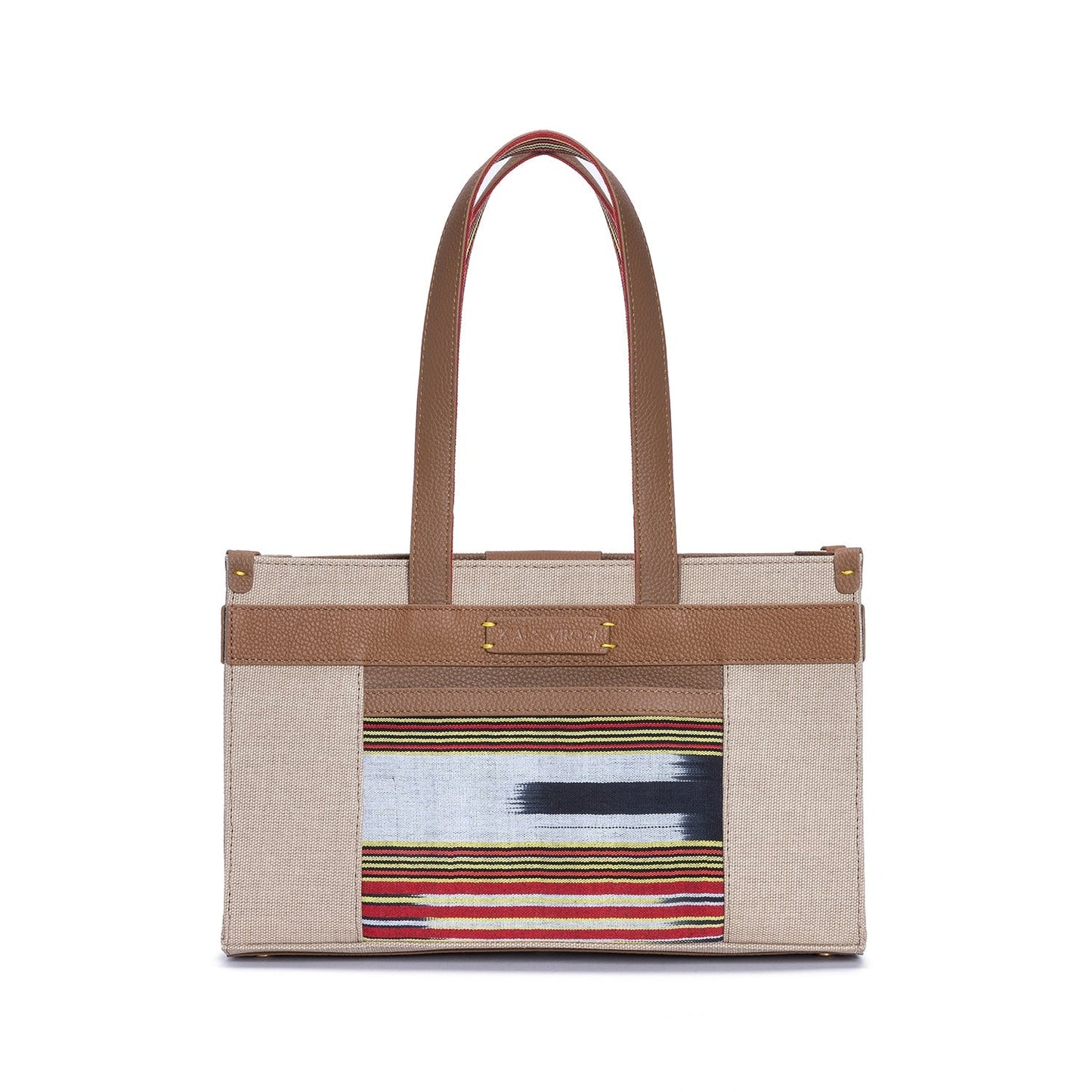 Midi Tobacco Leather & Canvas Tote Bag with Pockets