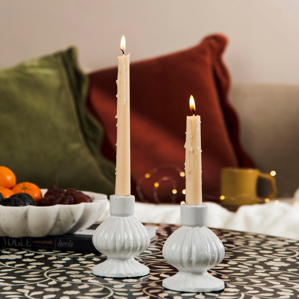 S/2 Sculpted Aluminum White Candlesticks
