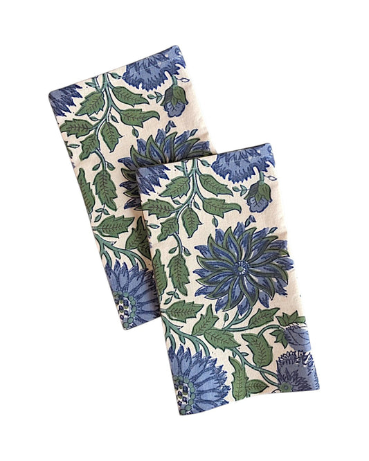 Cotton Napkins Blue and Green Floral Napkin Set of 4 Cloth Napkins for Dining Table, Brunch or Farmhouse Decor 17x17