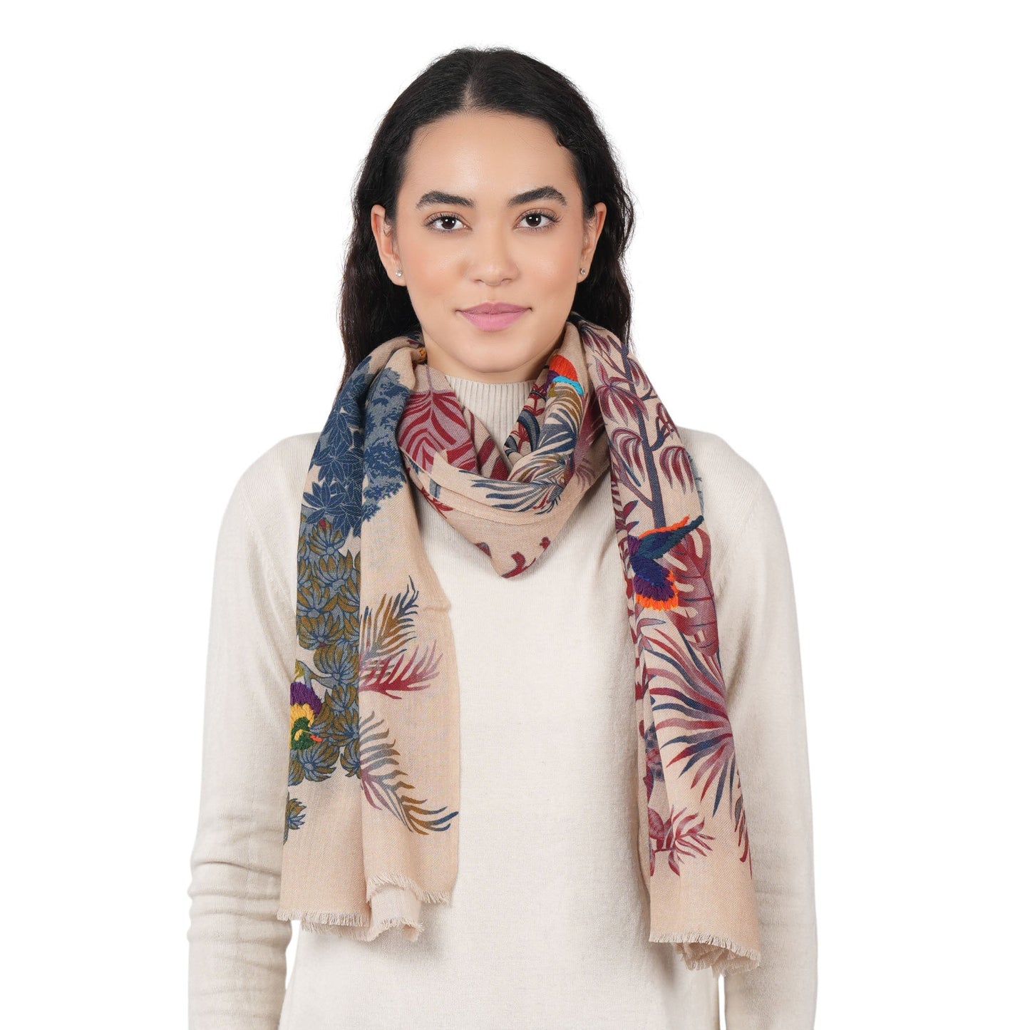 Woodland Embroidered Wool Scarf - Vanilla