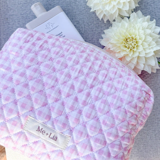 Gingham Pink Make-up Pouch - Large
