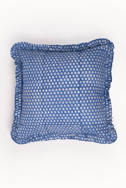 Parijat Blue Ruffle Blockprint Blue Pillow Cover