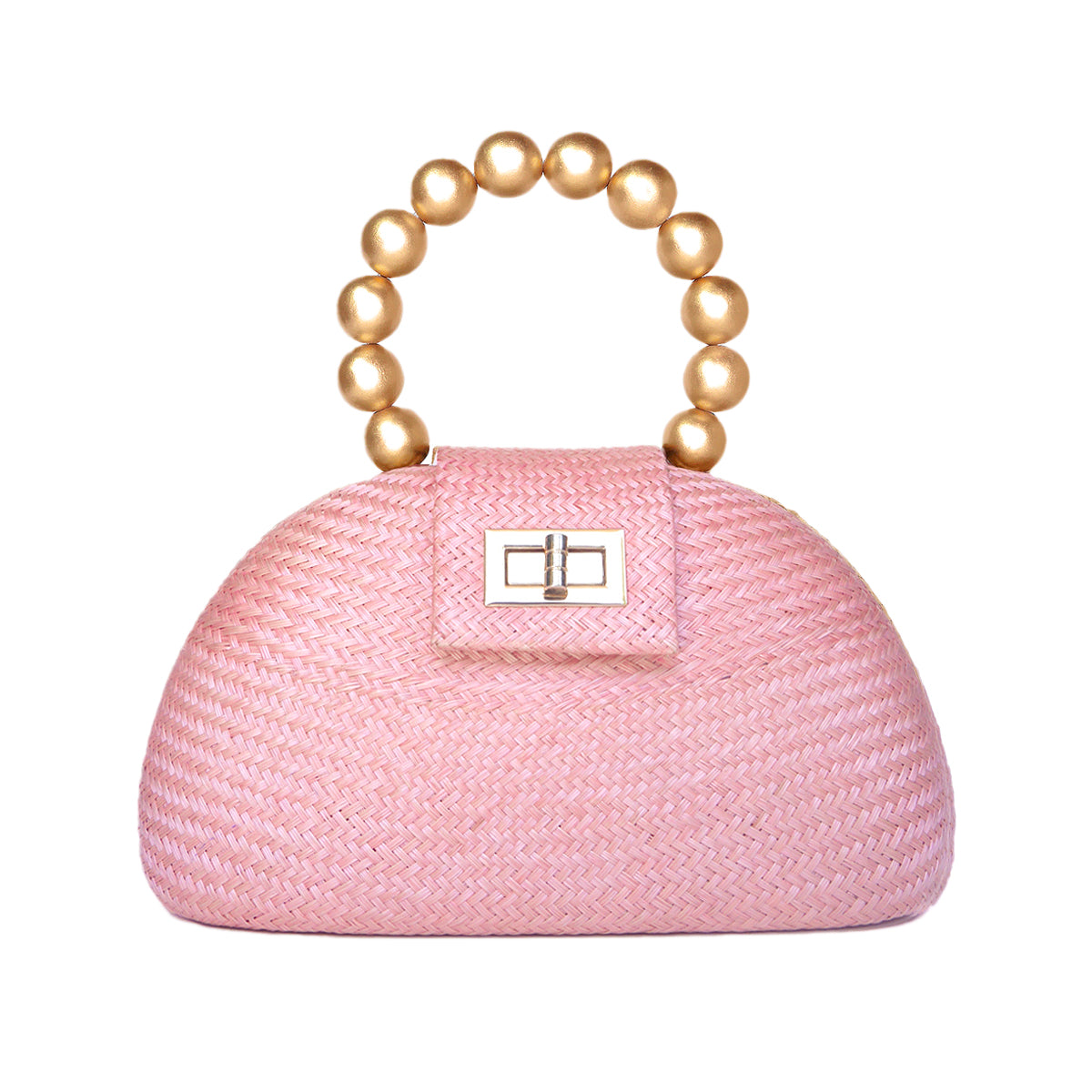 THE ORLA Light Pink Woven Straw & Gold Bead Statement Clutch Bag