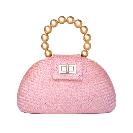 THE ORLA Light Pink Woven Straw & Gold Bead Statement Clutch Bag