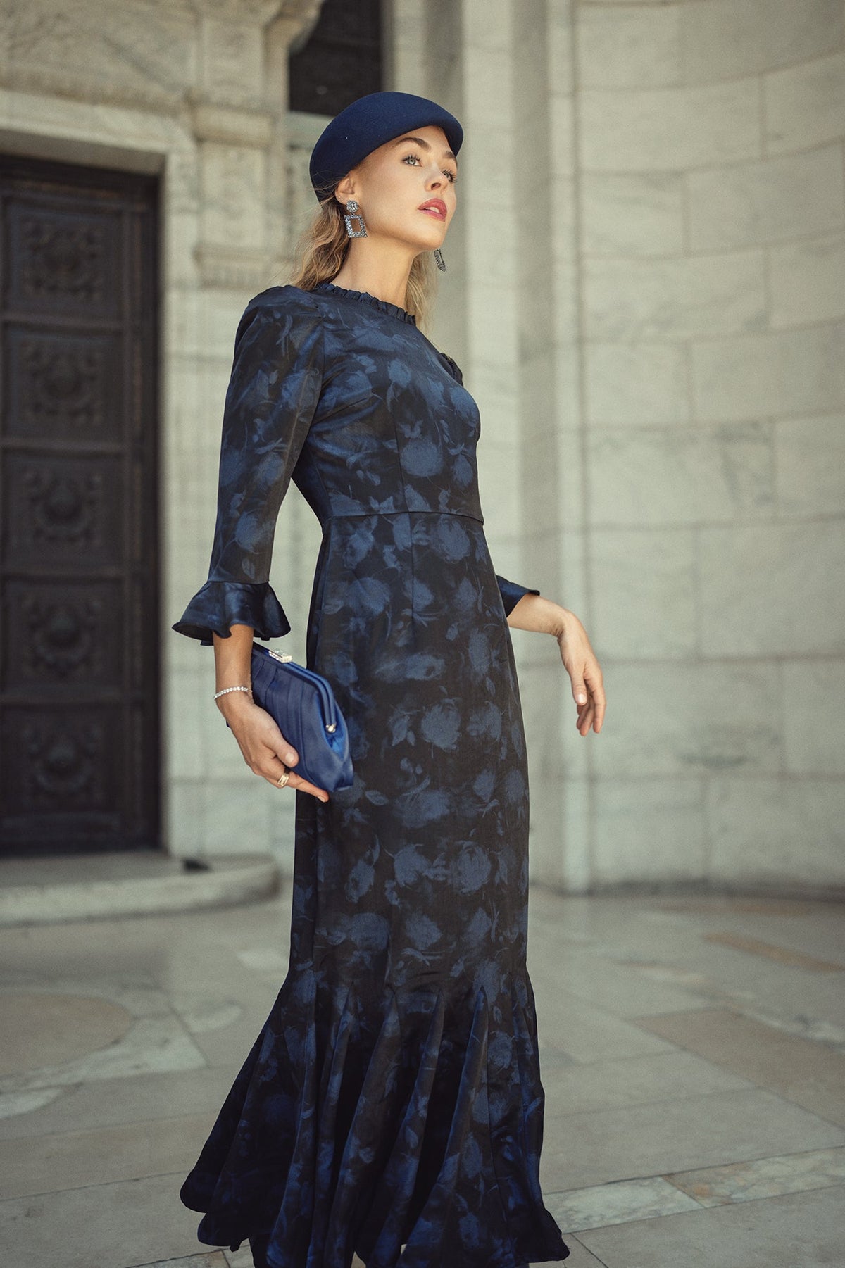 Shiri Dress- Navy Blur Roses on Black