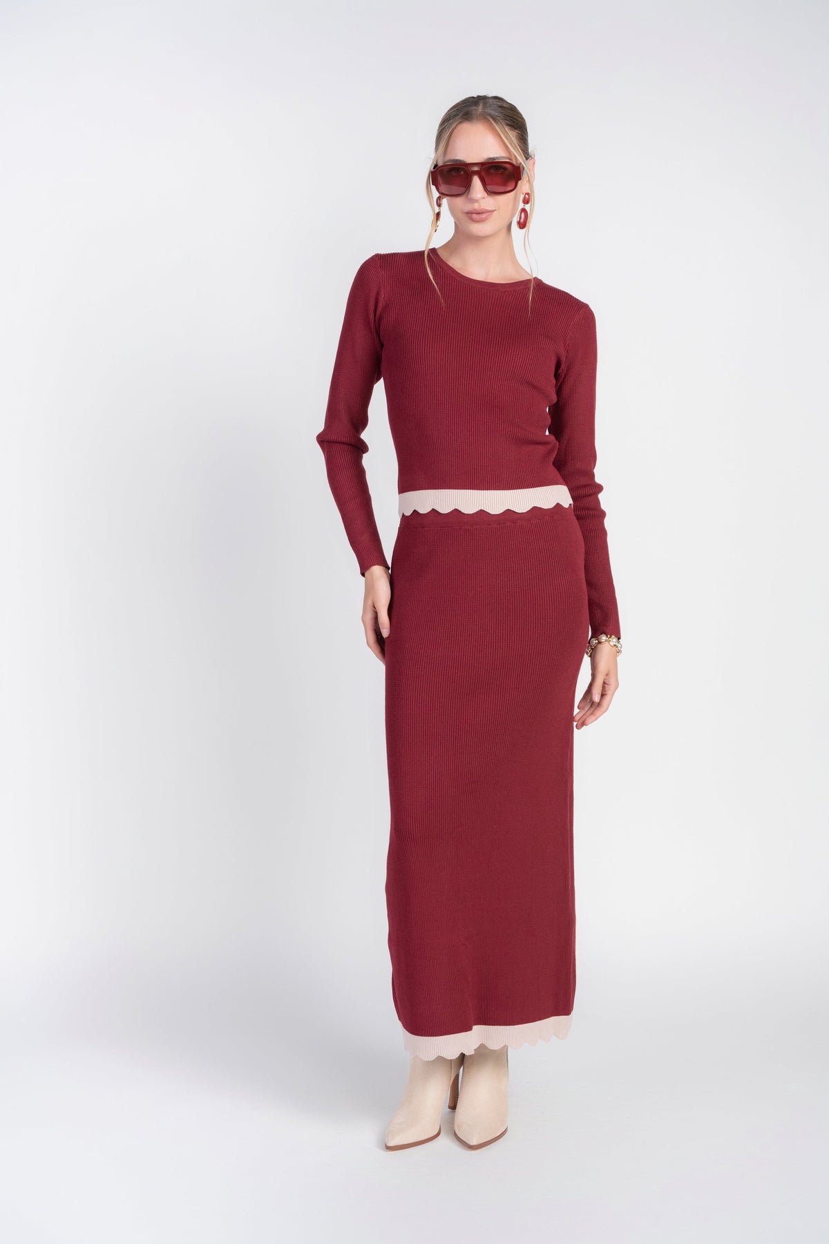 Scalloped Knit Skirt- Bordeaux