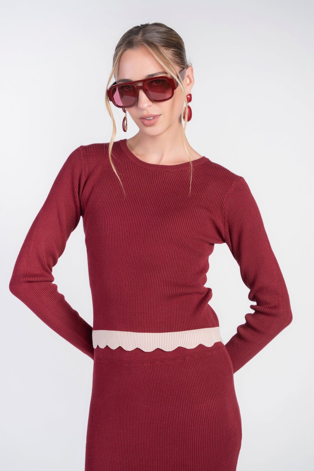 Scalloped Knit Top- Bordeaux