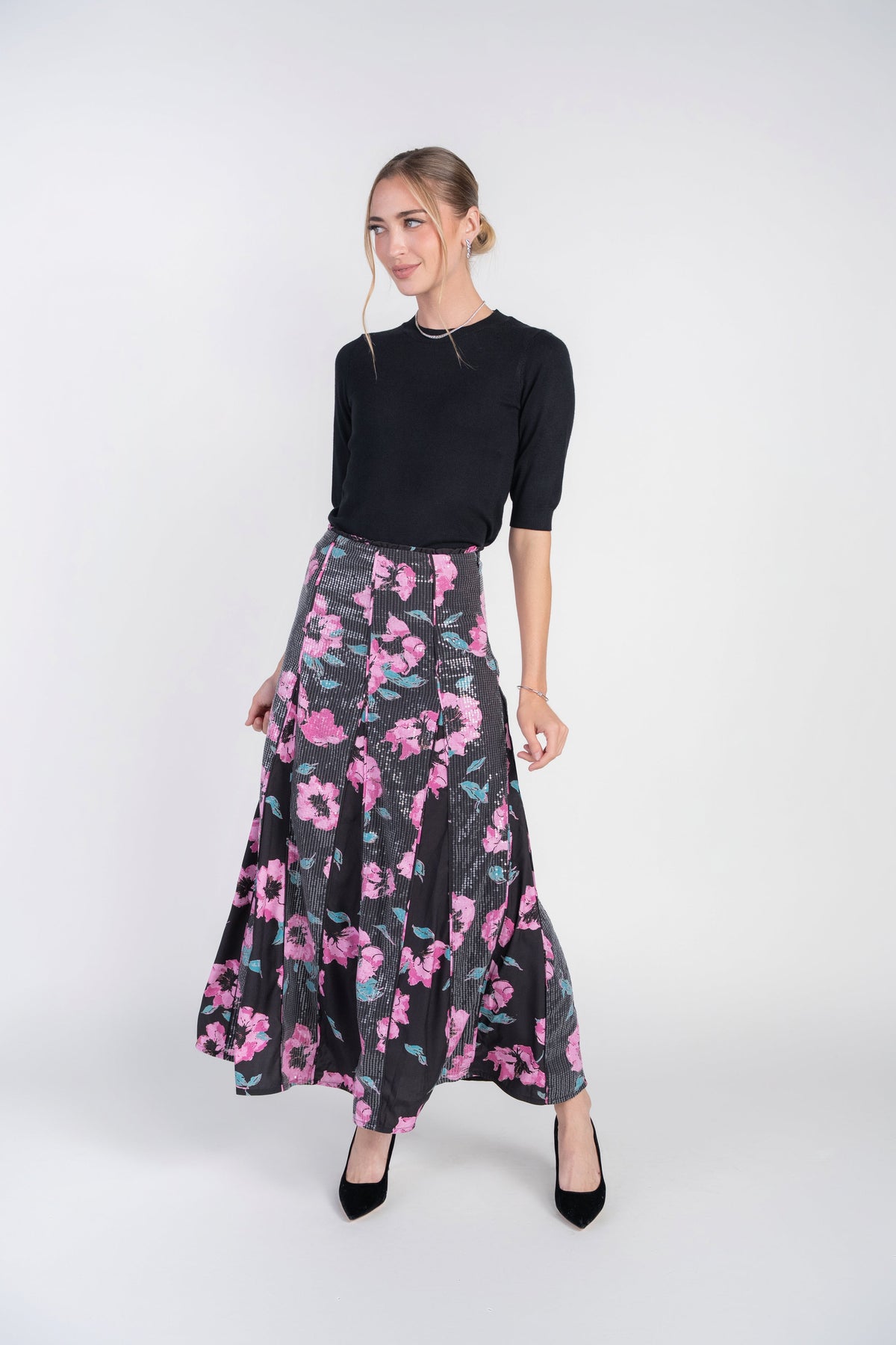 Sequin Panel Skirt Maxi- Pink Blooms on Black