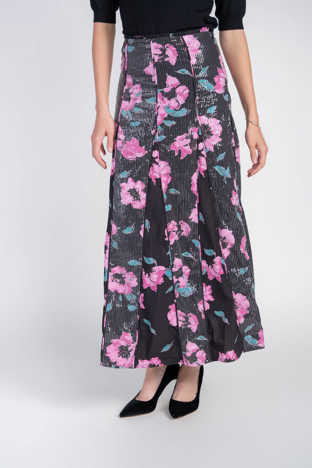 Sequin Panel Skirt Maxi- Pink Blooms on Black