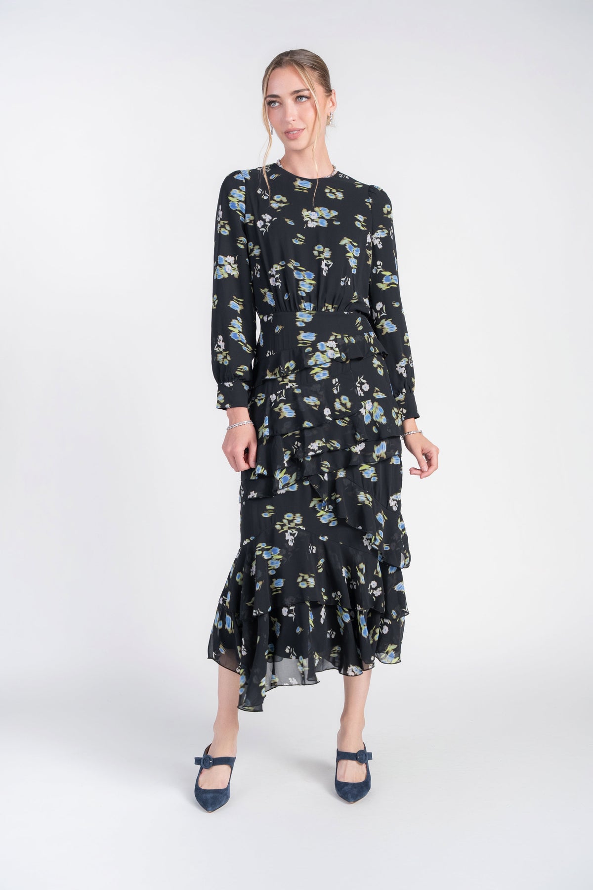 Esme Dress- Bright Flowers on Black Chiffon