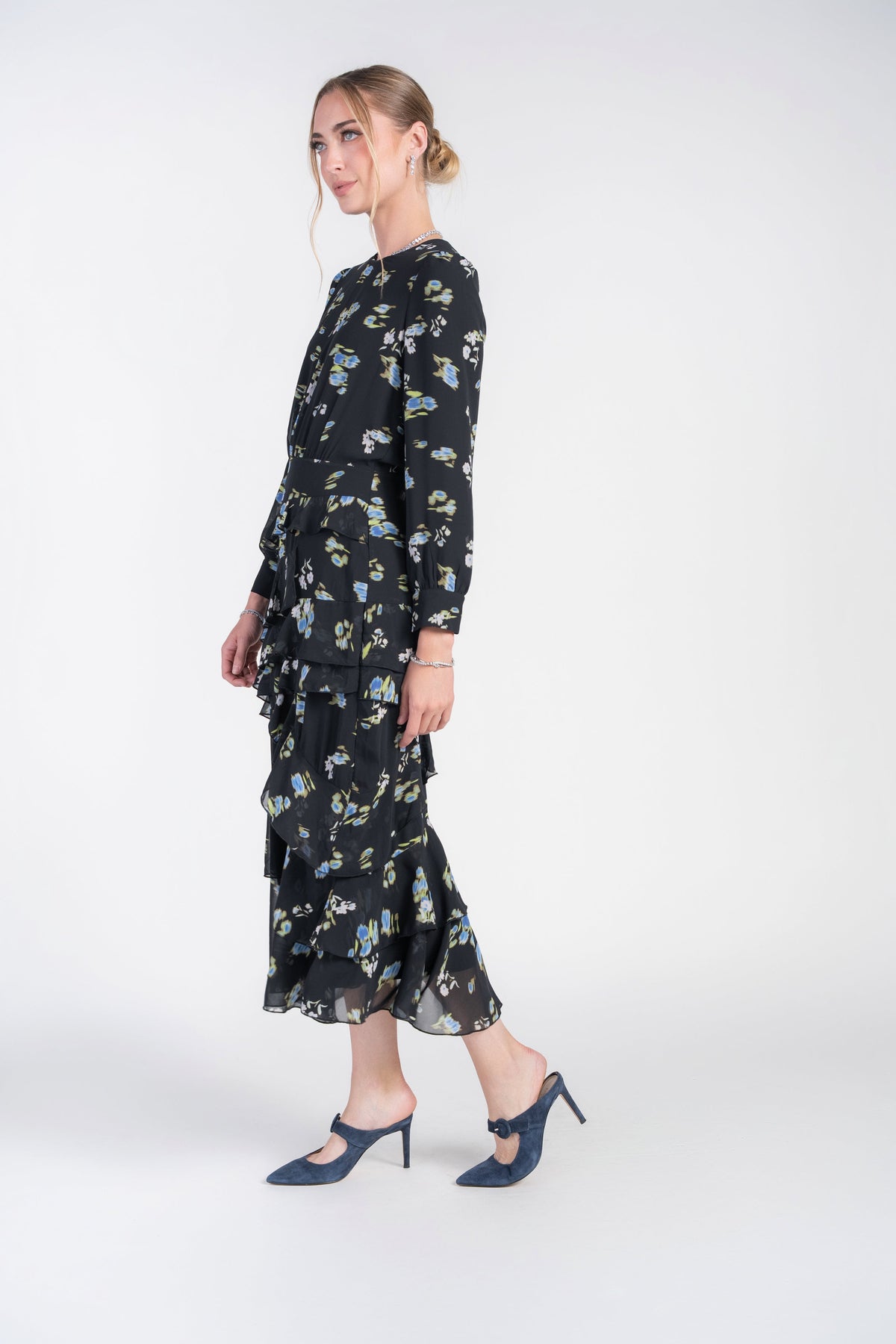 Esme Dress- Bright Flowers on Black Chiffon
