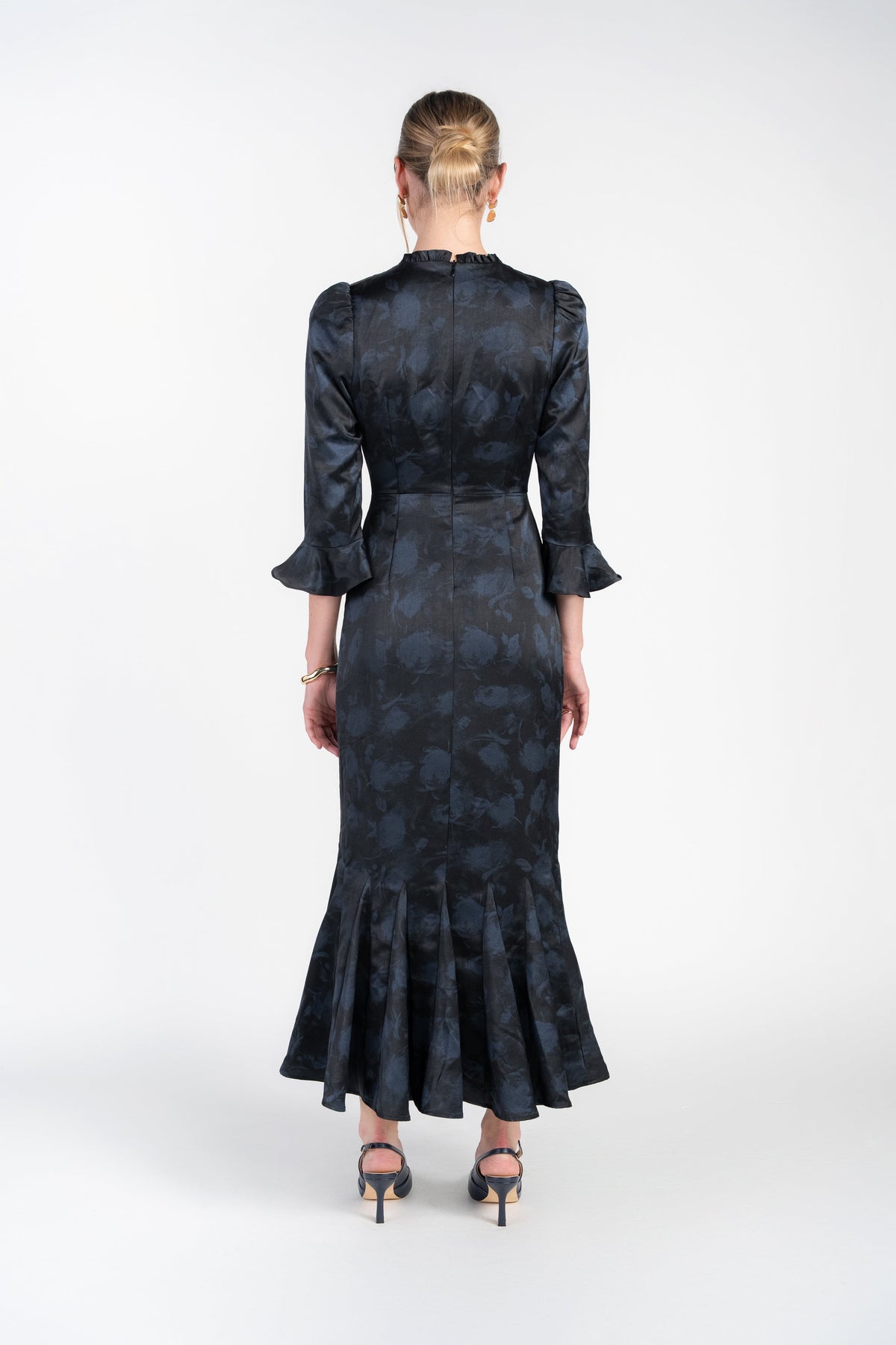 Shiri Dress- Navy Blur Roses on Black