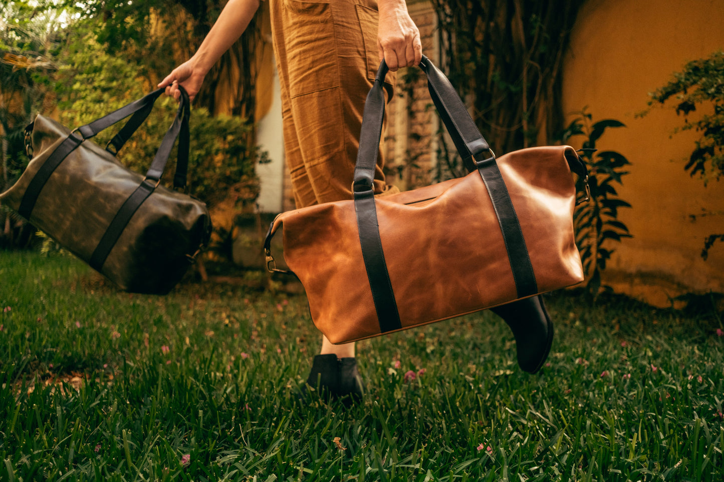 Leather Duffel - Tan And Blue