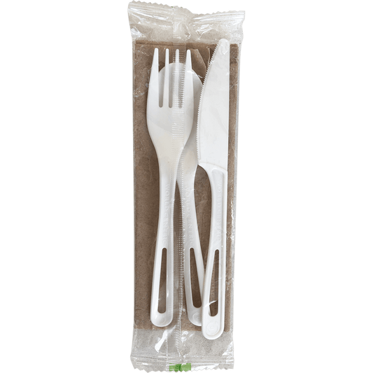 World Centric 6 in Ribbed TPLA Cutlery Set (Fork, Knife, Spoon, Napkin) (QTY 250), SKU AS-PS-TNL