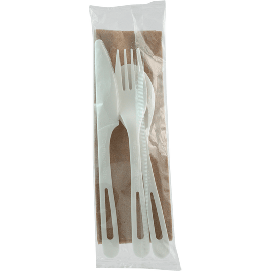 World Centric TPLA Cutlery Kit (Fork, Knife, Spoon, Napkin), 6 in (QTY 250), SKU AS-PS-TN