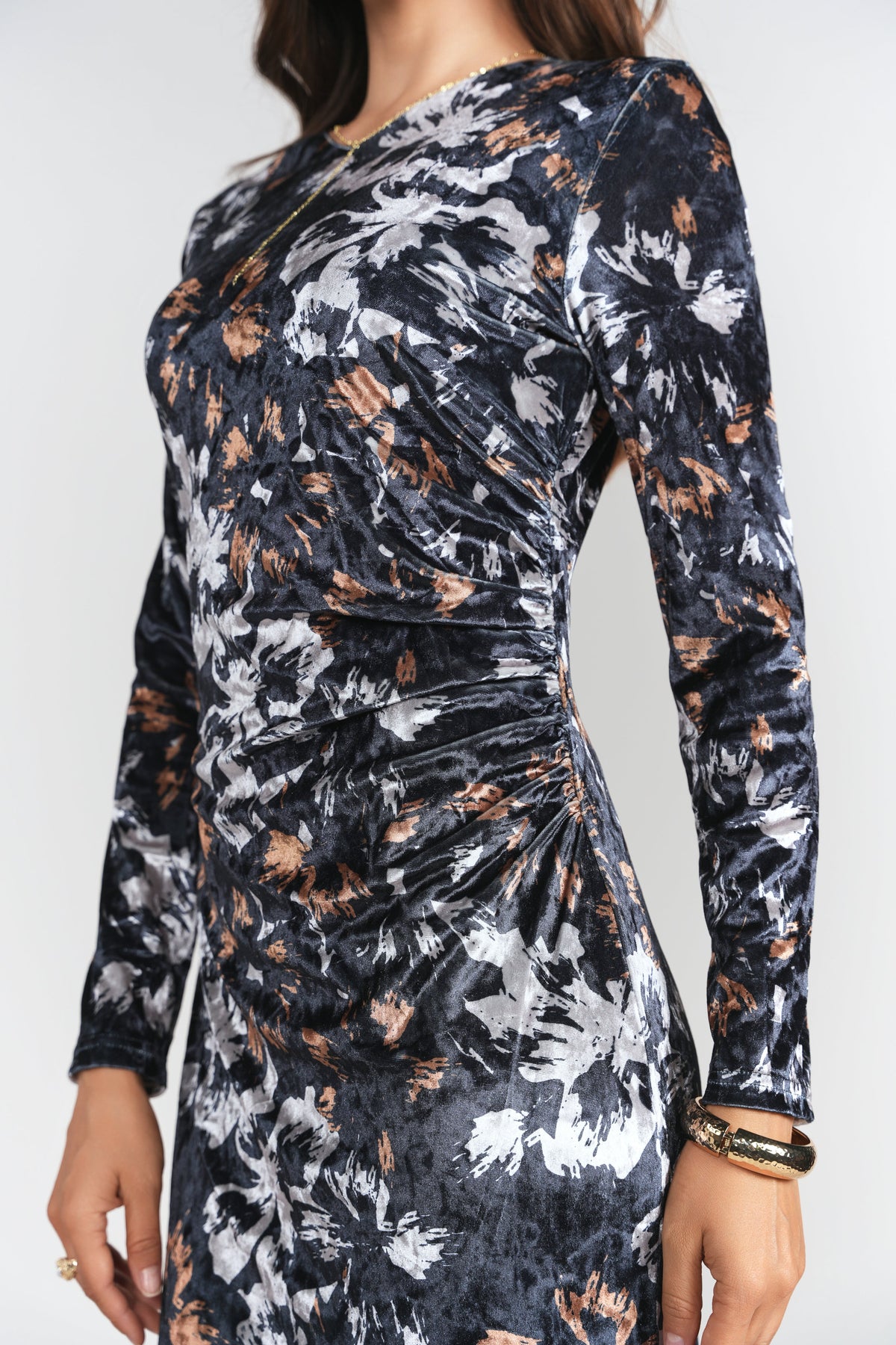 Side Ruched Velvet Dress- Brown and Black Floral