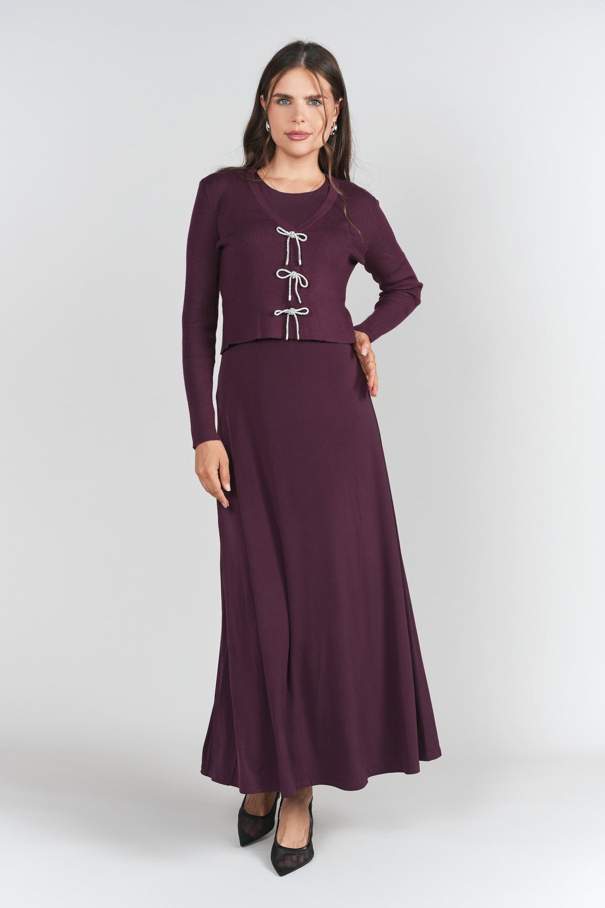 Bows Cardi- Eggplant