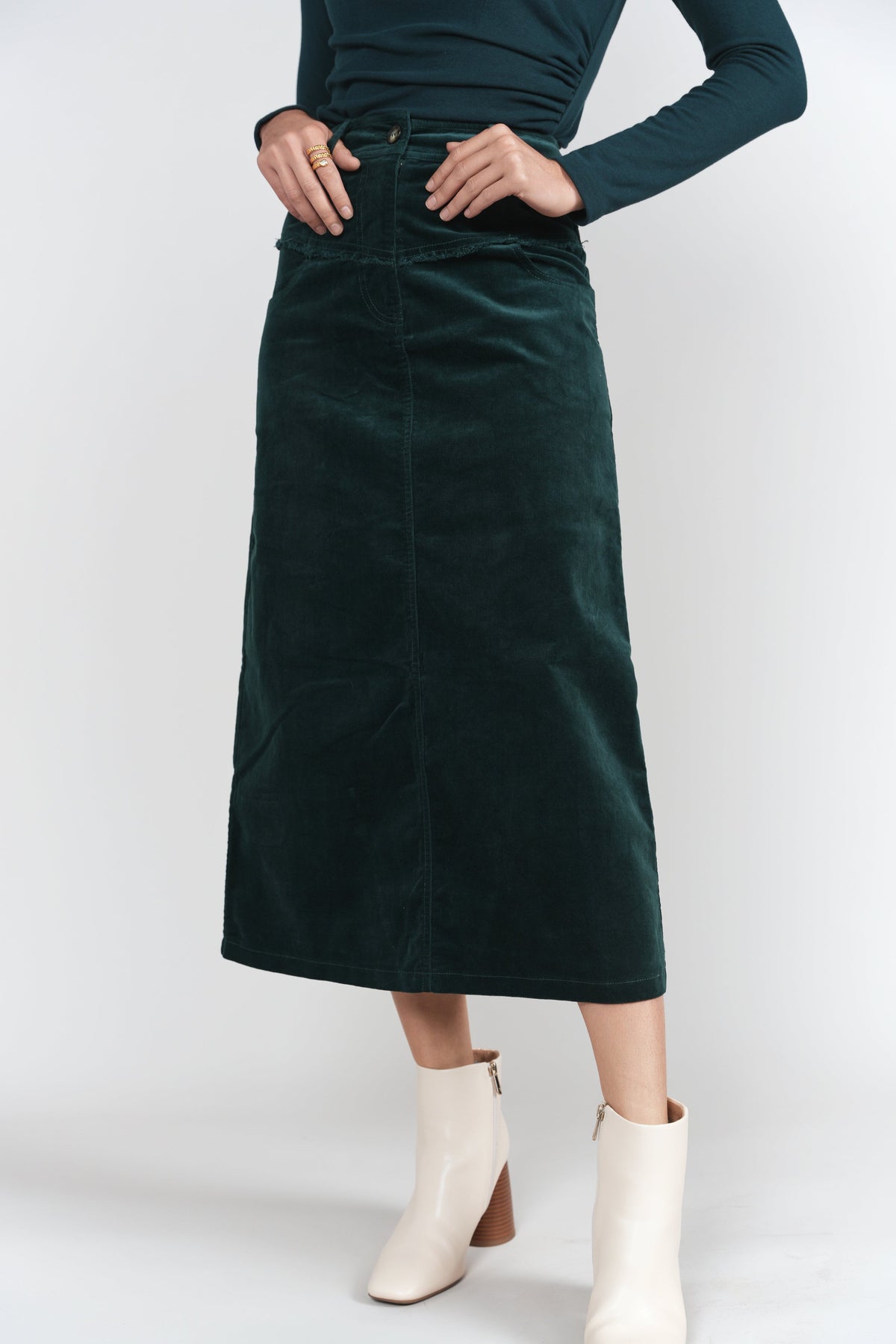 Fray Detail Corduroy Skirt- Emerald