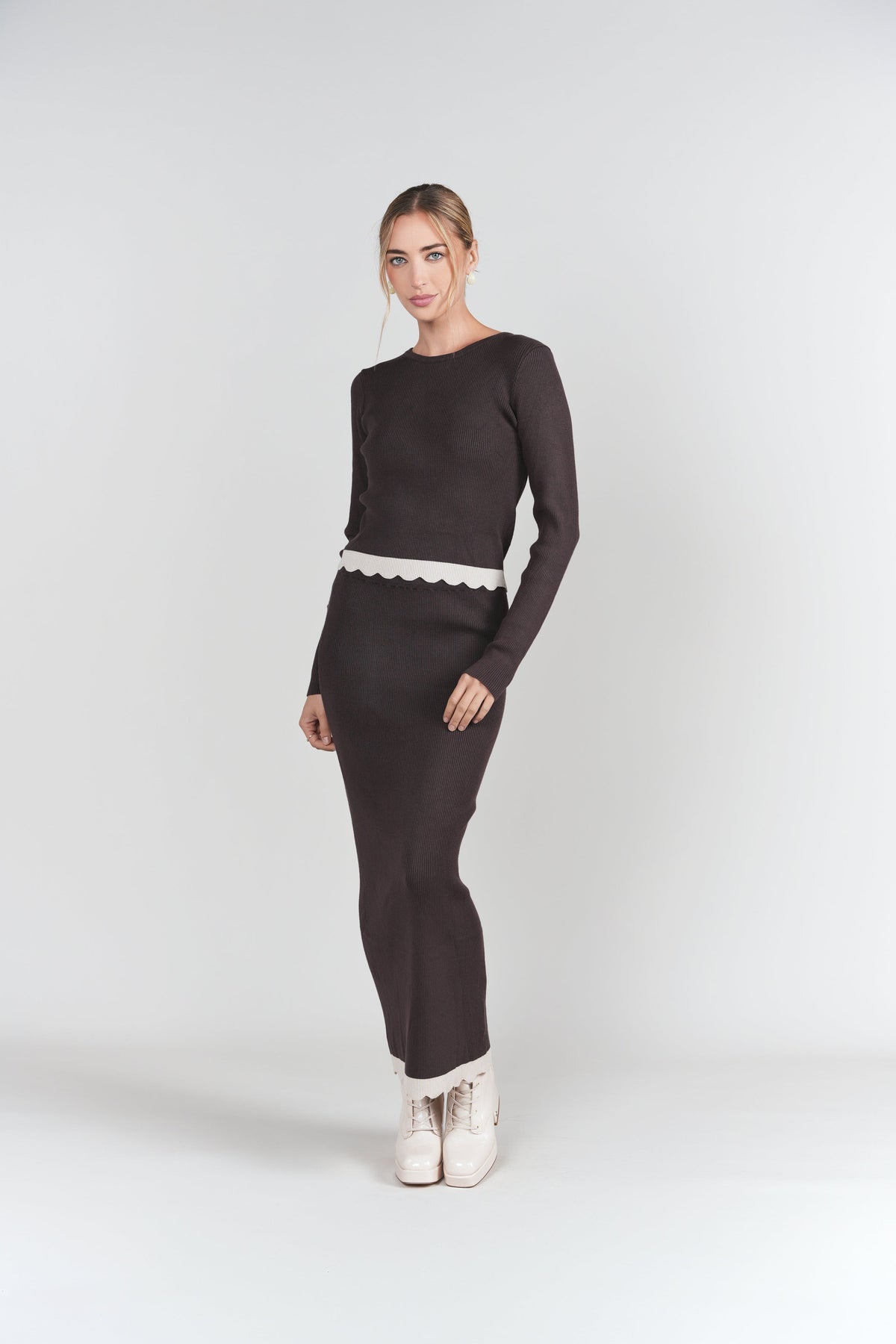 Scalloped Knit Set- Chocolate