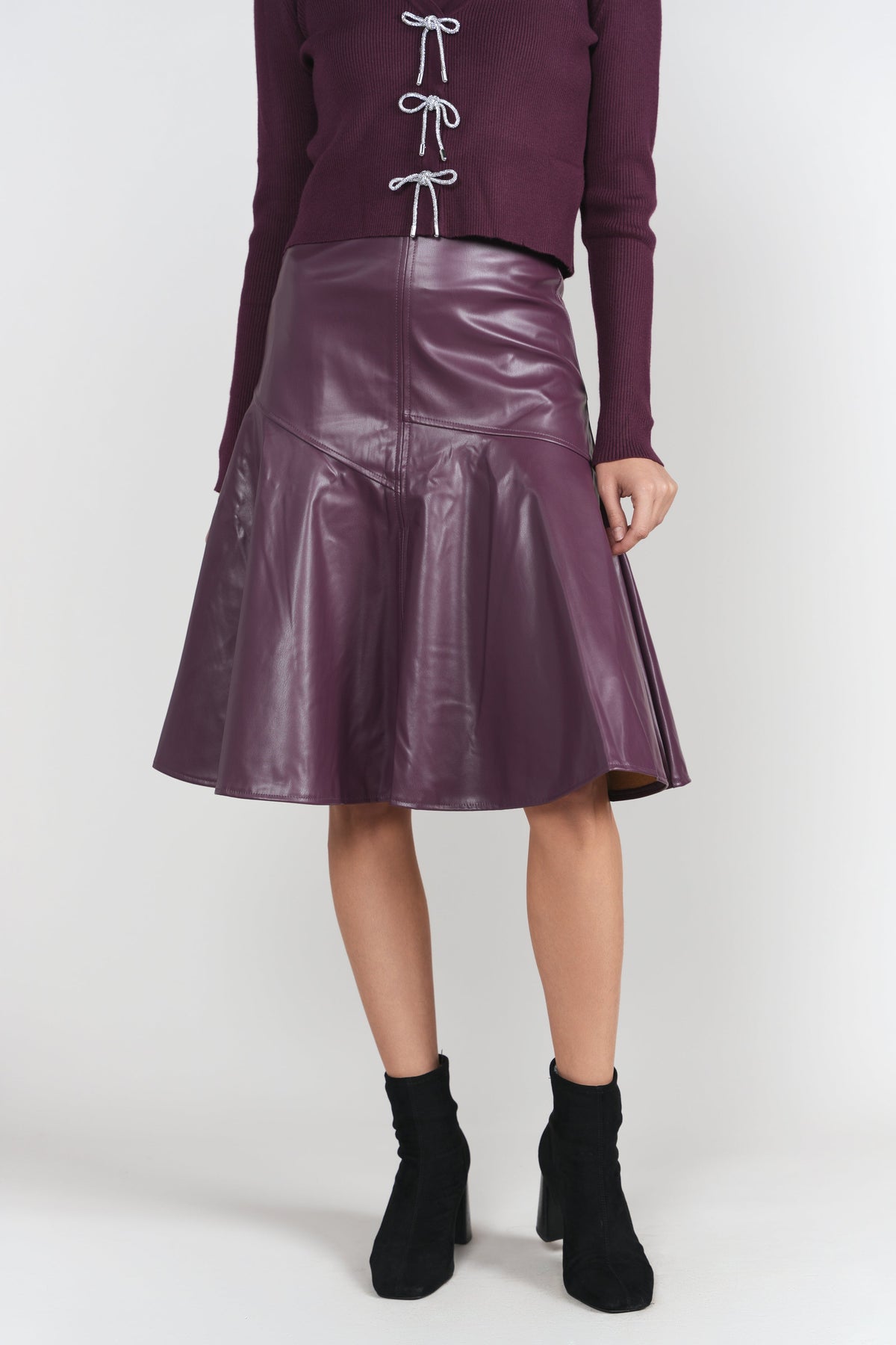 Drop Hem Leather Skirt- Eggplant