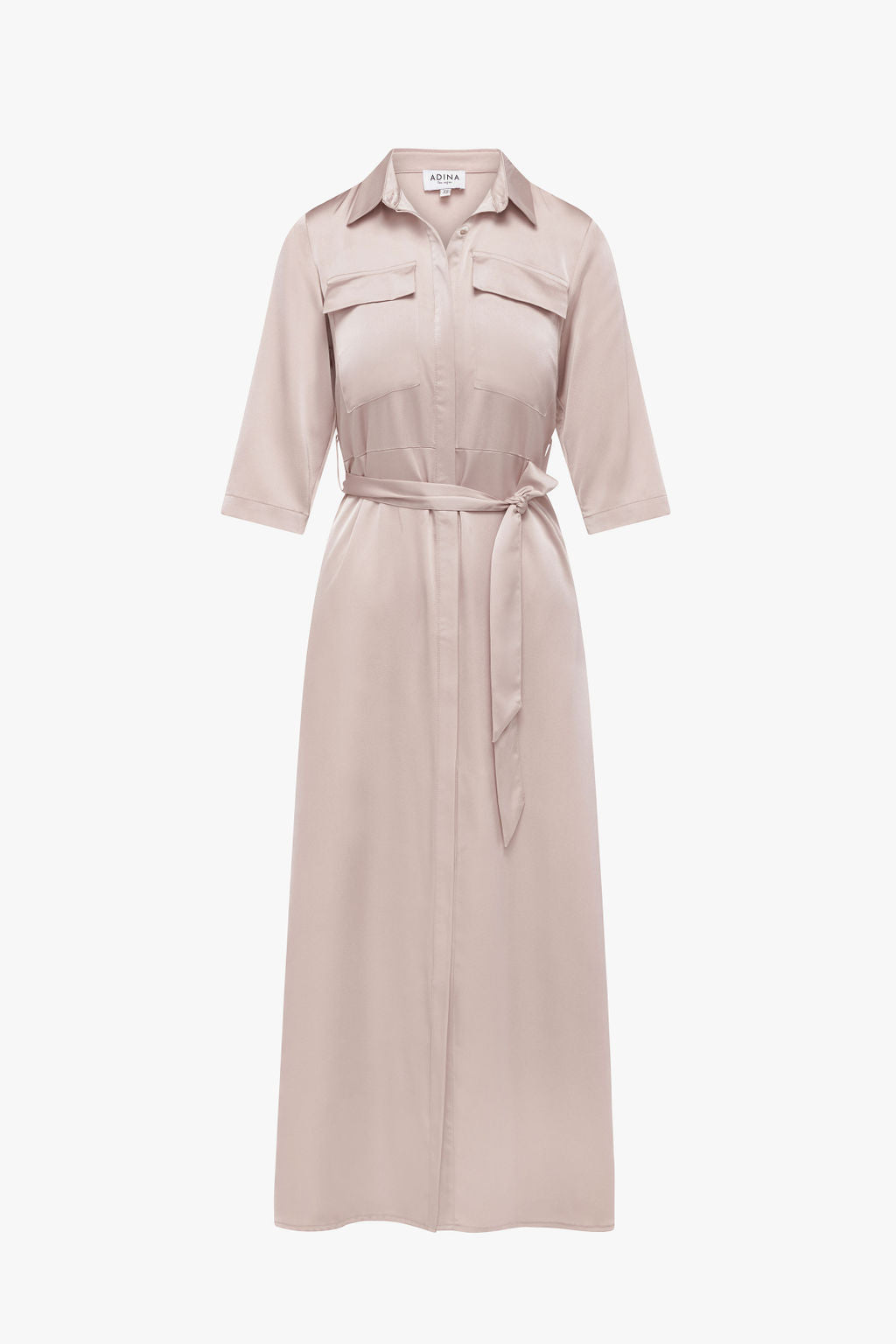 Satin Pocket Belted Dress- Pink