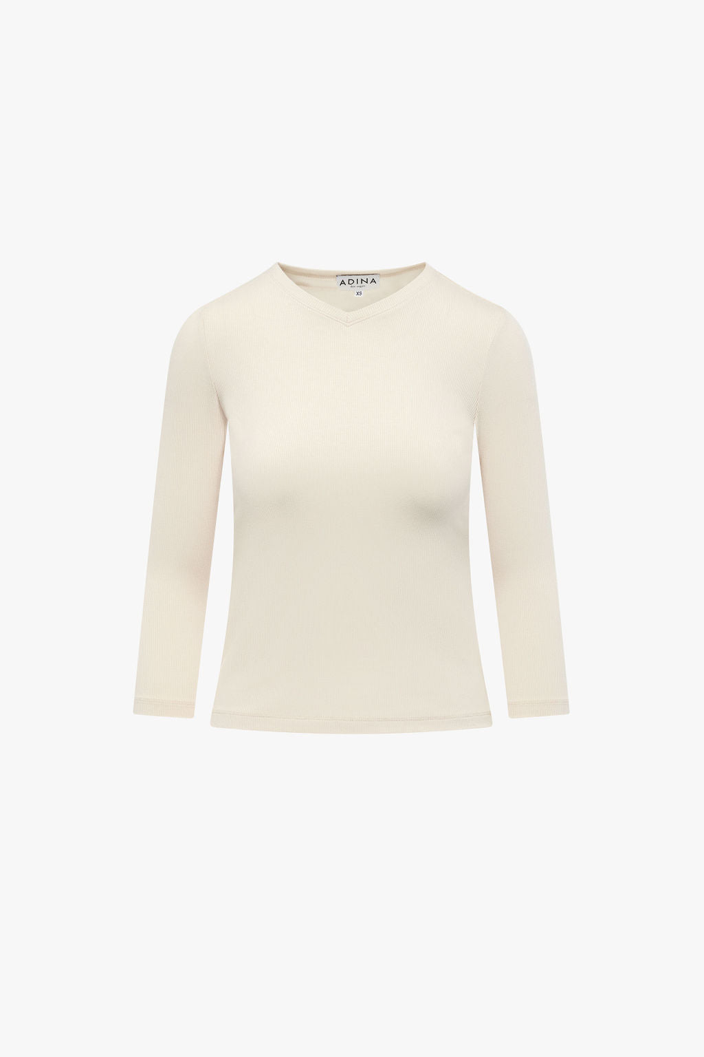 3-4 Sleeve Ribbed V Neck Tee- Beige