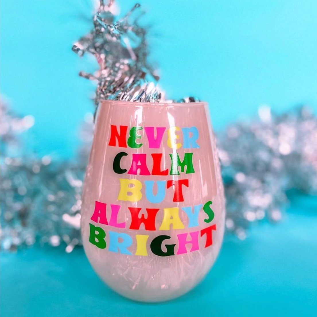 Always Bright Jumbo Stemless Wine Glass in Pink Tinted Glass | Pastel Christmas Holiday | 30 oz. Holds an Entire Bottle of Wine!