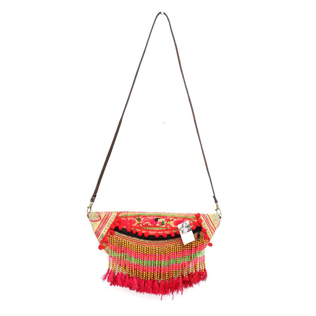 Vintage Hmong Beaded Fringe Cross-Body Purse - Thailand