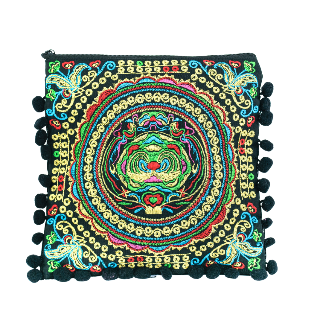 Embroidery Butterfly Clutch With Pompoms - Thailand