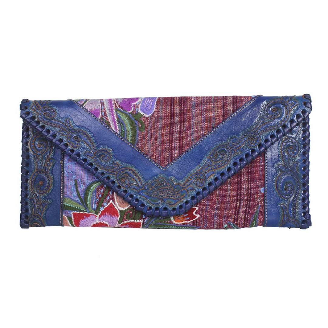 Leather Stamped Upcycled Zinacantan Clutch Bag - Mexico