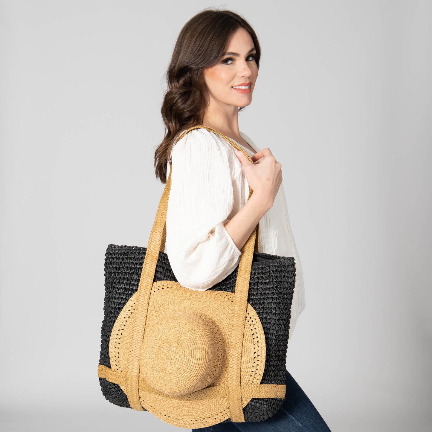Day Trip - Woven Tote with hat Holder Straps