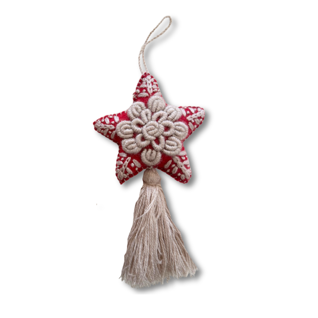 Red Star Embroidered Felted Wool Handmade Ornament - Mexico